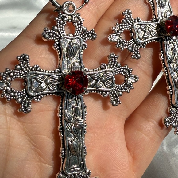 Gothic Silver Cross Earrings with Red Gem - Picture 3 of 6